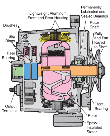 cutaway of an alternator shows its major parts.