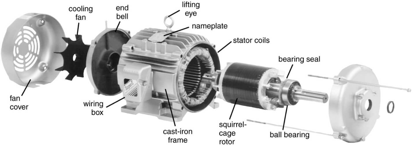 Exploded view of a three-phase induction motor