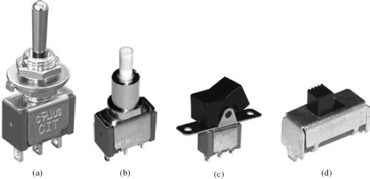 Mechanical switches (a) toggle, (b) pushbutton, (c) rocker, and (d) slide