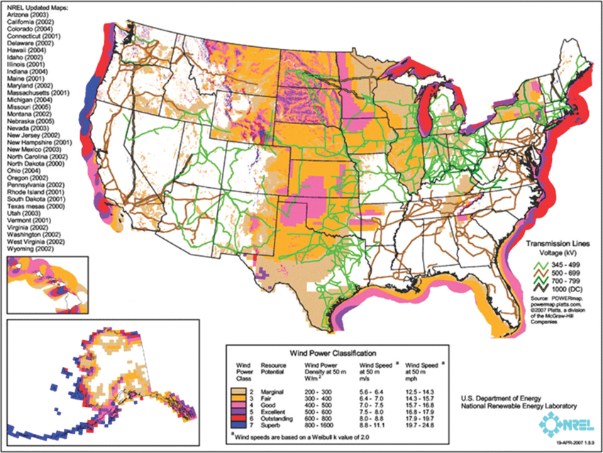 Wind Resource and Transmission Lines for the United States