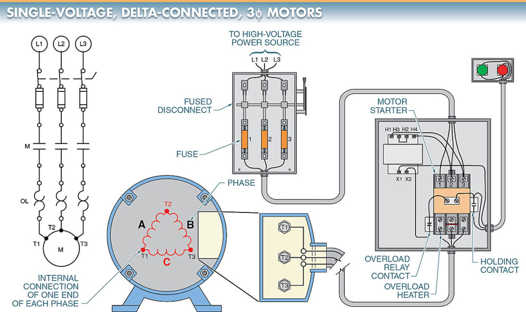 single-voltage, delta-connected, three phase motor connection control diagram 