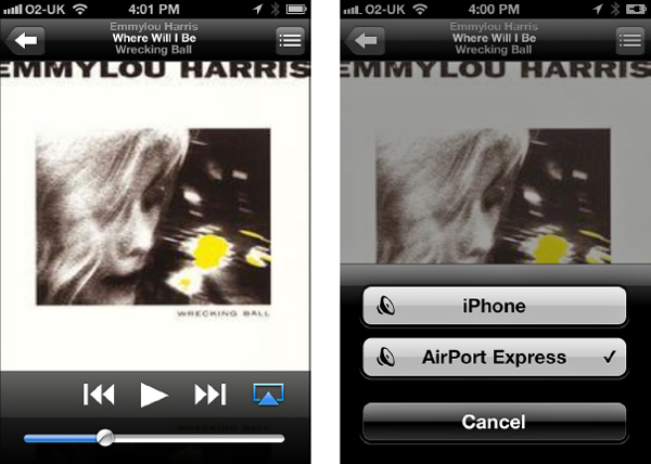 Tap the AirPlay icon (the triangle and rectangle in the lower-right corner of the left screen) to display the AirPlay dialog box (right), and then tap the AirPort Express button.