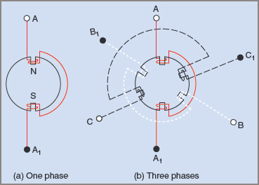 Polarities and connections in a two-pole, three-phase induction motor